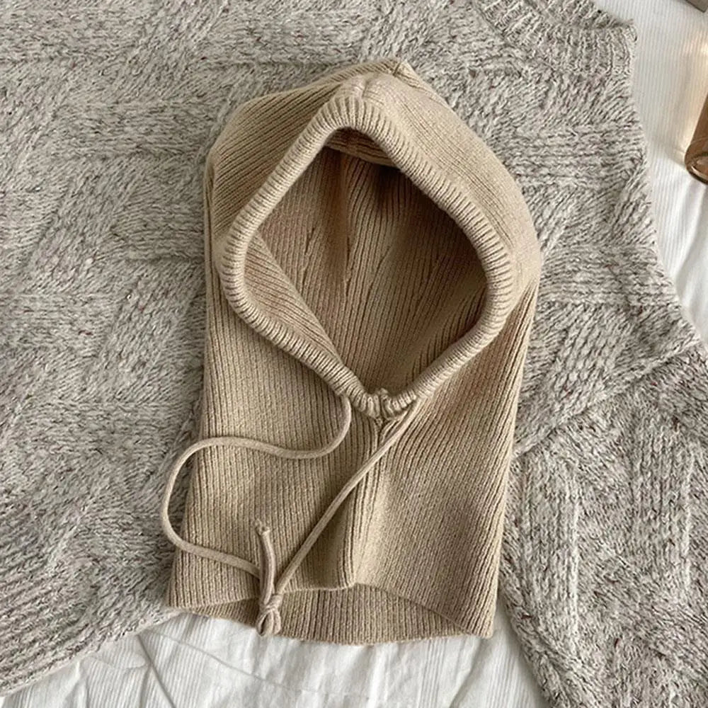 Belro khaki knitted hooded balaclava hat with neck warmer, made for warmth and winter outdoor wear.