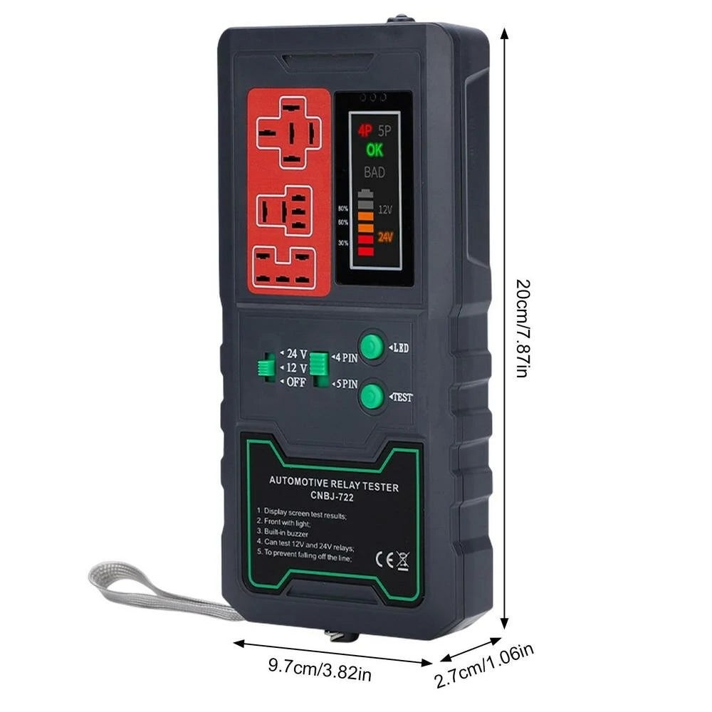 GETDECO LED display car relay tester for 12V/24V vehicles, supports 4-pin and 5-pin relays with large capacity battery.
