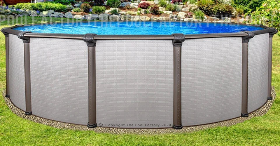 Casavibeo Melenia round above ground pool with clear water and sturdy frame, set up outdoors on a sunny day.