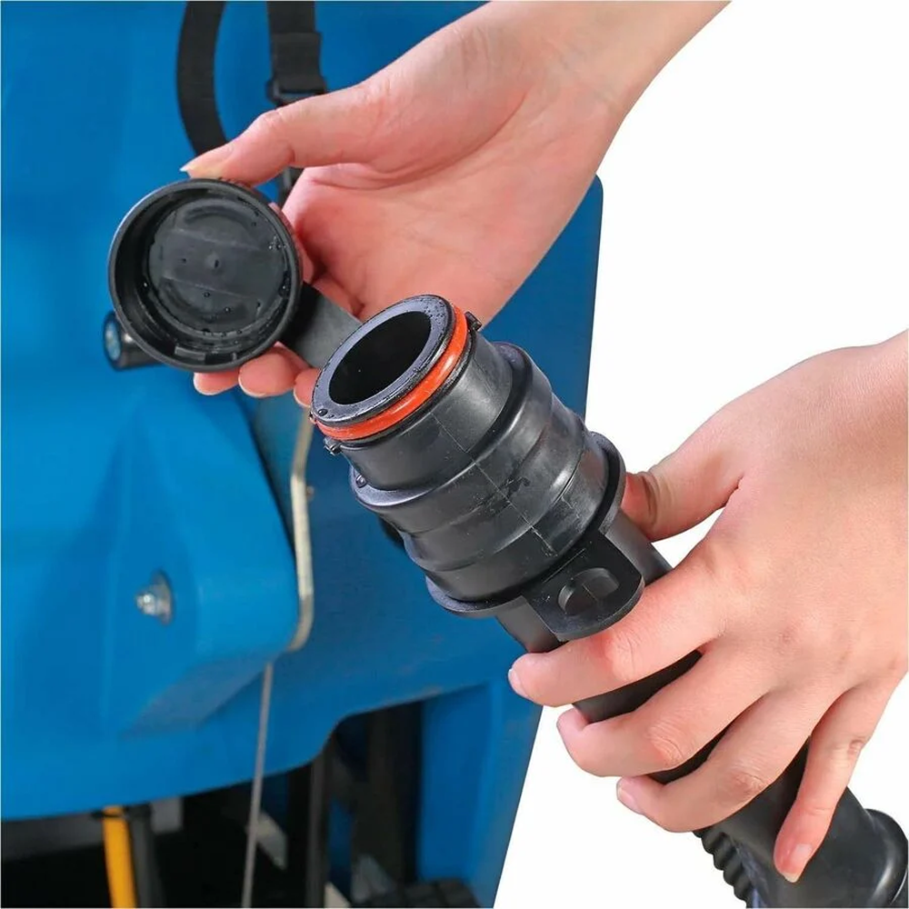 Global Industrial 18-inch electric walk-behind floor scrubber with 12-gallon solution tank and Casavibeo branding in use.