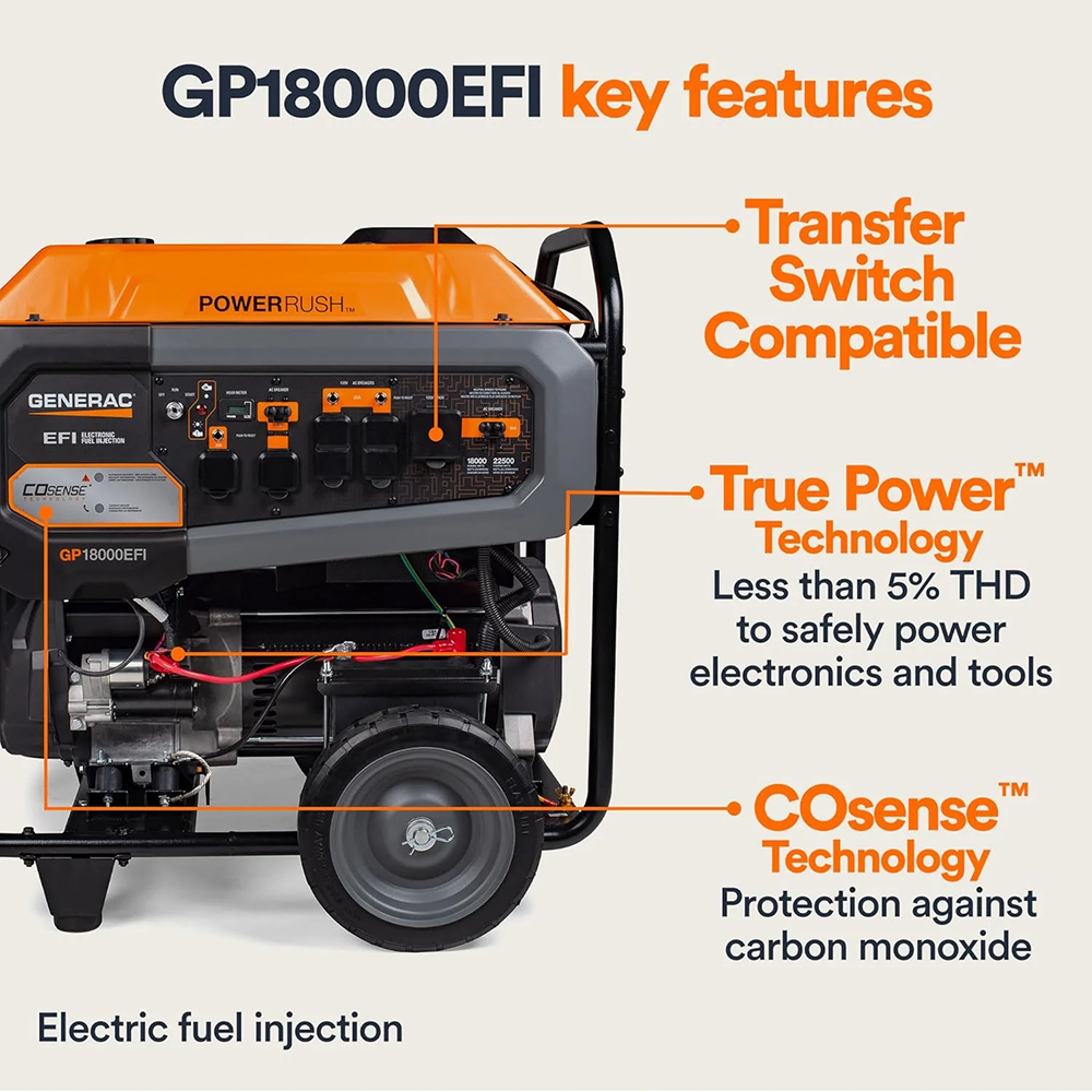Casavibeo Generac 7706 gas-powered portable generator with compact design and control panel, ideal for emergency power backup.