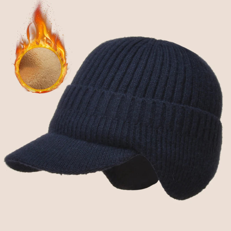 Navy Belro men's knit ear cover winter hat with built-in ear flaps, cozy and warm for cold weather.