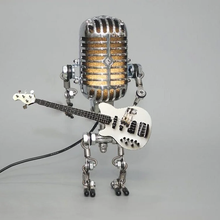 Vintage Metal Microphone Robot with Guitar Lamp by Belro, featuring retro-inspired microphone and decorative guitar-shaped lamp.