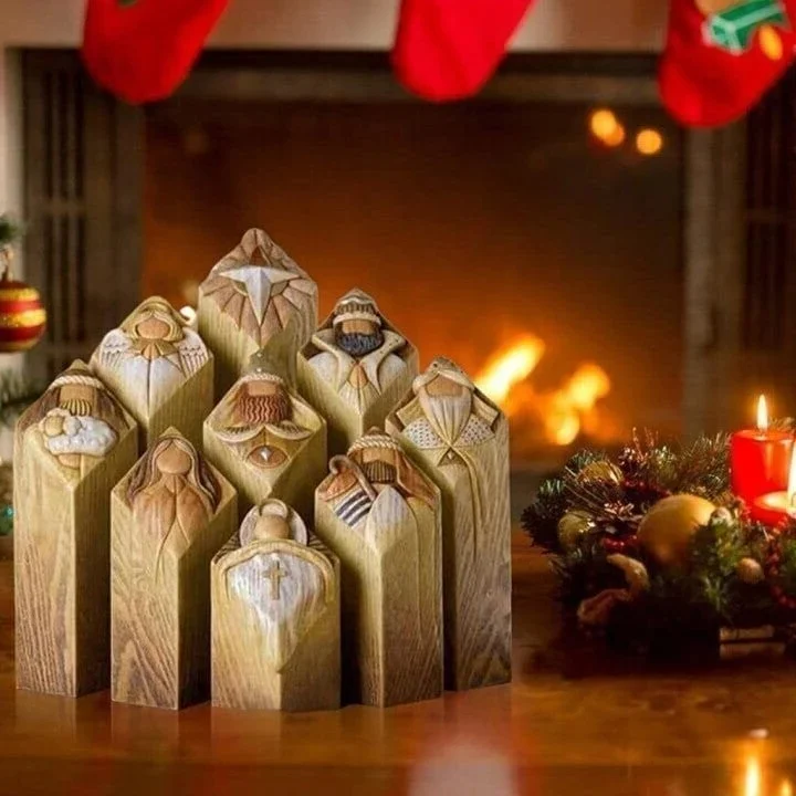 Nine Belro Heaven Nativity Tree Pillar Statues for holiday home and garden decor, depicting angel and nativity scene figures.