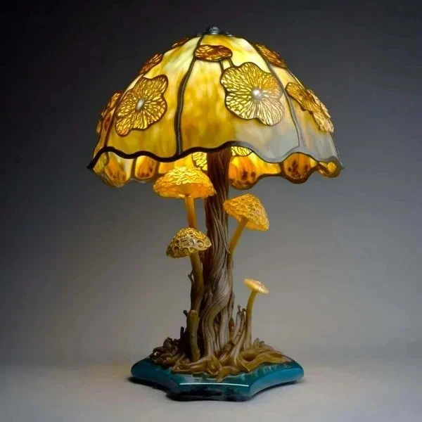 Belro stained glass plant series desk lamp with colorful stained glass shade and sleek metal base.