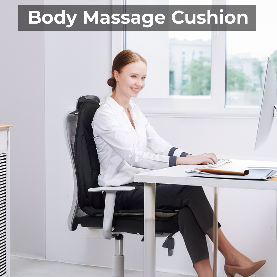 Belro heated massage cushion pad for chair and car, featuring adjustable controls and plush fabric for relaxing comfort.