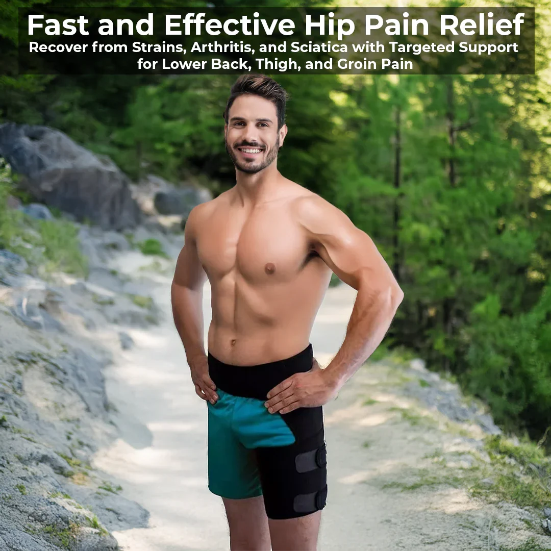 Belro hip and sciatica brace support worn on a person’s hip, providing pain relief and stability for hip and sciatic nerve discomfort.