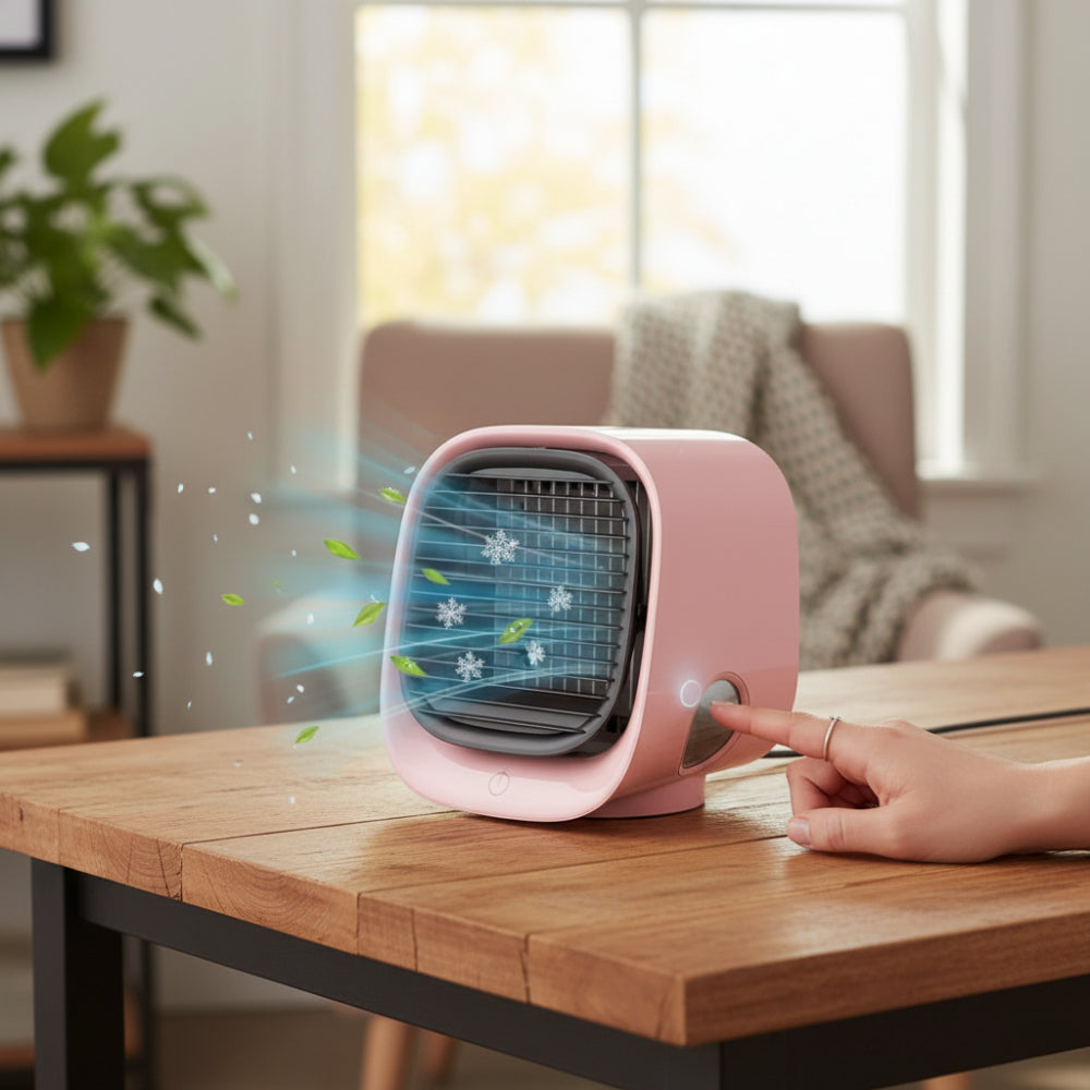 DecorsDeluxe ZenWave Micro AC portable personal air conditioner cooling fan, compact mini USB-powered cooling device.