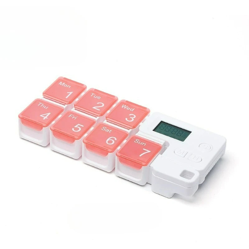 Pink Belro Smart Electronic Weekly Pill Organizer with 7 grids, digital display, and easy-to-use medication management features.