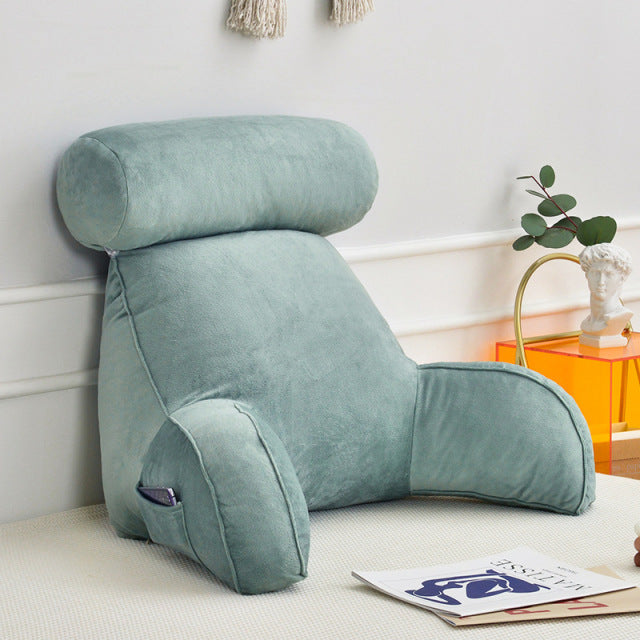 Belro backrest pillow with arms and adjustable headrest, designed for comfortable support in home bedding and lounge areas.