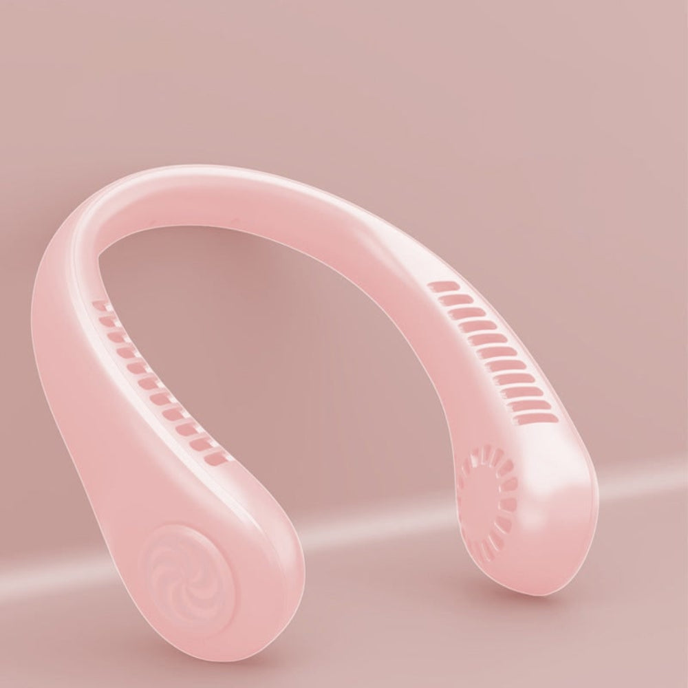 DecorsDeluxe wearable portable neck fan with rechargeable battery, hands-free cooling device for outdoor use.