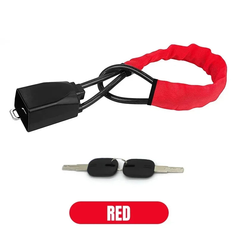 Red Belro car steering wheel lock with seat belt security device, showcasing its durable design and locking mechanism.