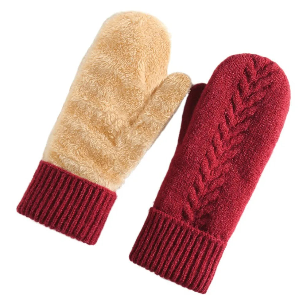 Red Belro double layer fleece-lined winter mittens with soft fleece interior and durable exterior, designed for cold weather warmth.