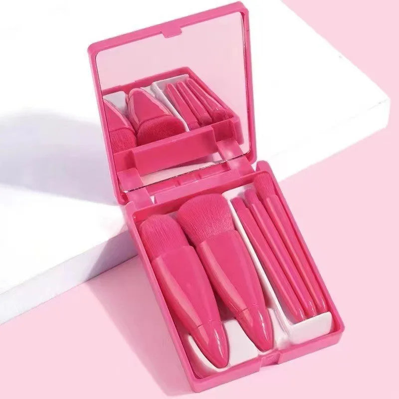 Belro mini makeup brush set with mirror, rose red color, featuring small brushes for precision makeup application.