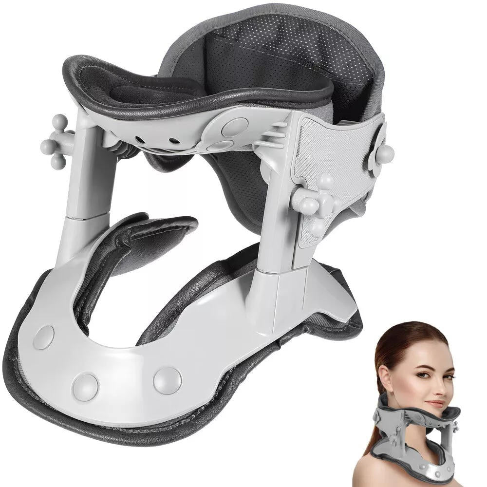 Belro neck stretcher traction device attached to a person's neck, designed to relieve tension and improve posture.