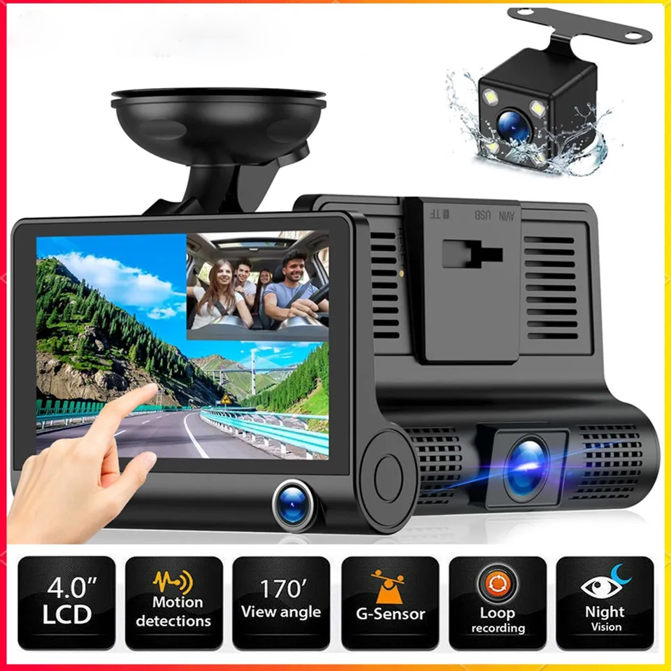 Belro 4-inch touch screen dash cam capturing front and rear views for vehicle safety and recording.