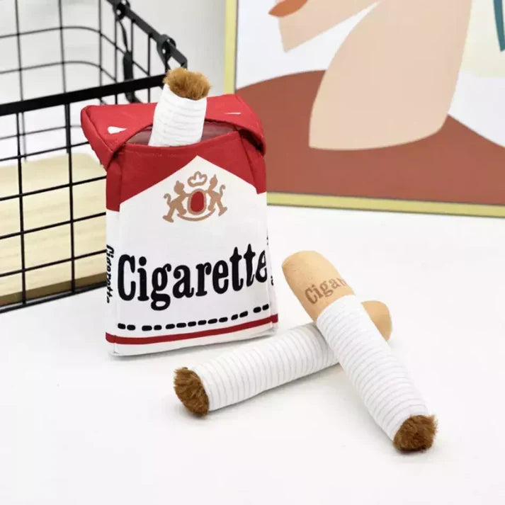 Belro cigarette-shaped dog toy for pets, durable rubber dog toy in black and white, designed for chewing and play.