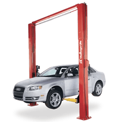 Casavibeo LE10 Challenger 2-post lift with sturdy metal arms and safety features, ideal for automotive maintenance and repairs.