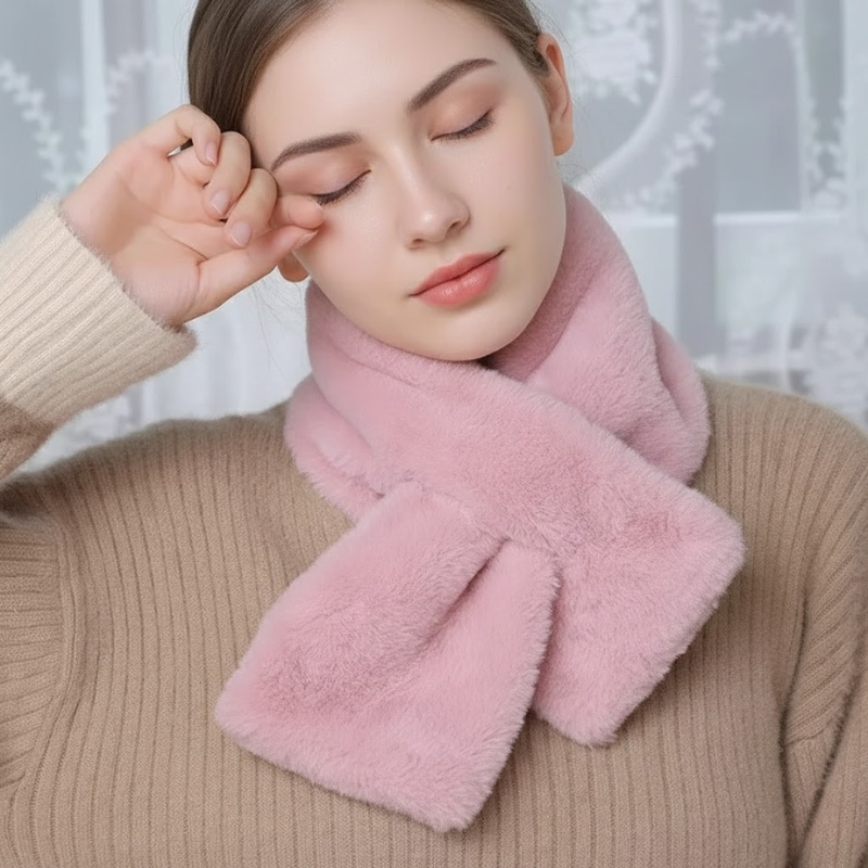 Pink faux fur cross collar winter scarf by Belro, cozy neck warmer and stylish accessory for cold weather.