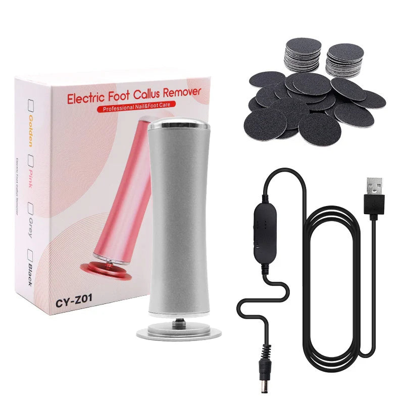 Silver Belro electric foot file and callus remover with a sleek design for smooth, well-groomed feet.