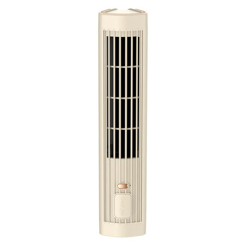 Belro USB rechargeable portable tower fan in khaki, compact design, ideal for home cooling and air circulation.
