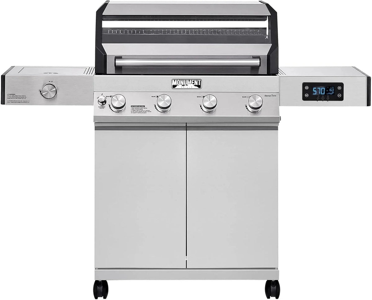 Casavibeo Monument Grills Eminence 405 propane gas grill with stainless steel body and cast iron cooking plate, ready for outdoor grilling.