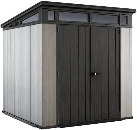Gray Keter outdoor storage shed by Casavibeo with resin construction, 7x7 ft size, suitable for house, patio, and yard storage.