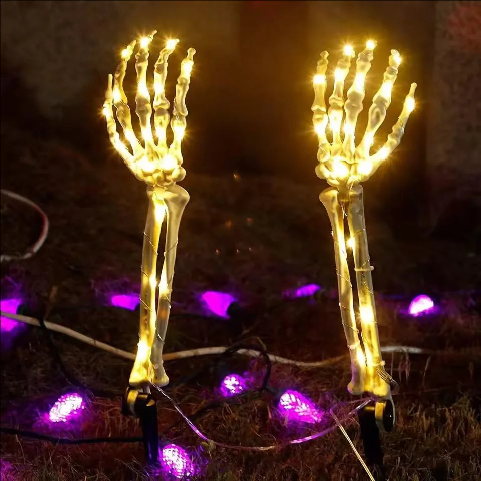 Warm white Halloween skeleton hand solar light accessory for umbrellas, by Belro, adds spooky ambiance to outdoor decor.