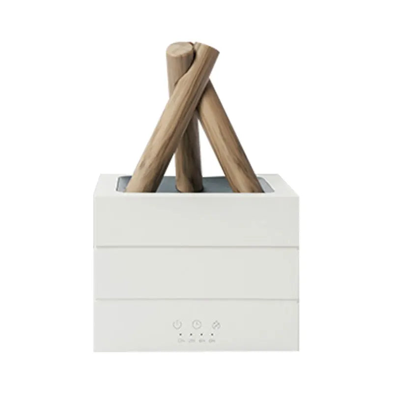 White Belro Realistic Flame Aroma Diffuser and Humidifier displaying a sleek design with mist and ambient lighting.