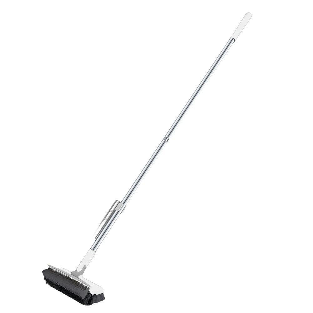 Belro long handle floor scrub brush with stiff bristles for outdoor cleaning, featuring a white plastic handle and sturdy brush head.