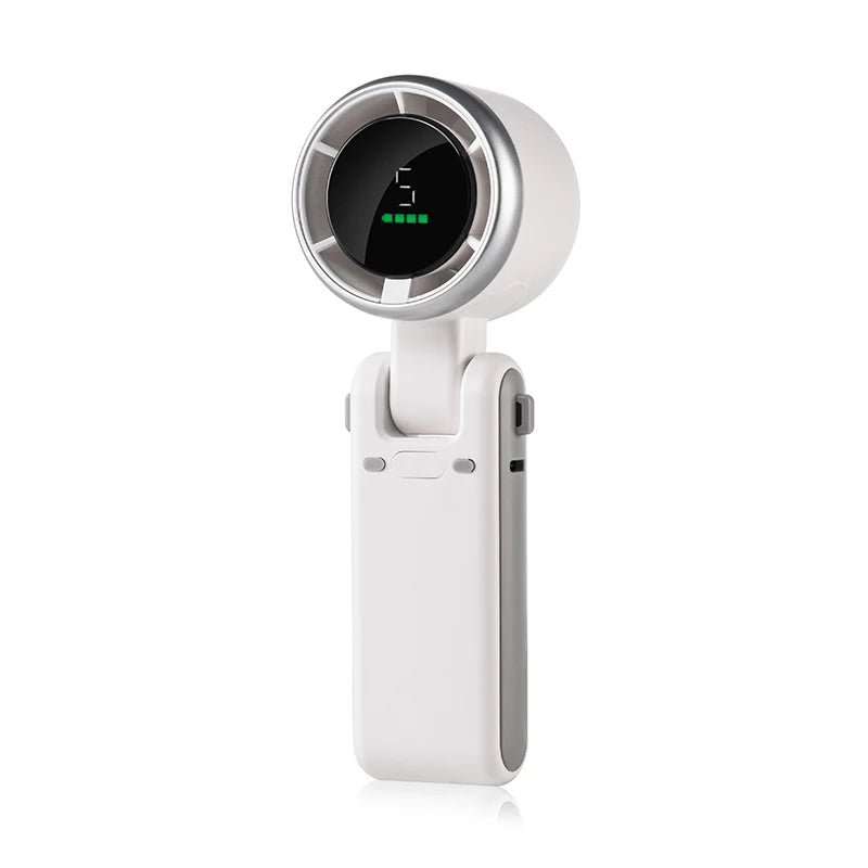 White Belro foldable handheld turbo fan with digital display, compact design for outdoor use in home and garden settings.