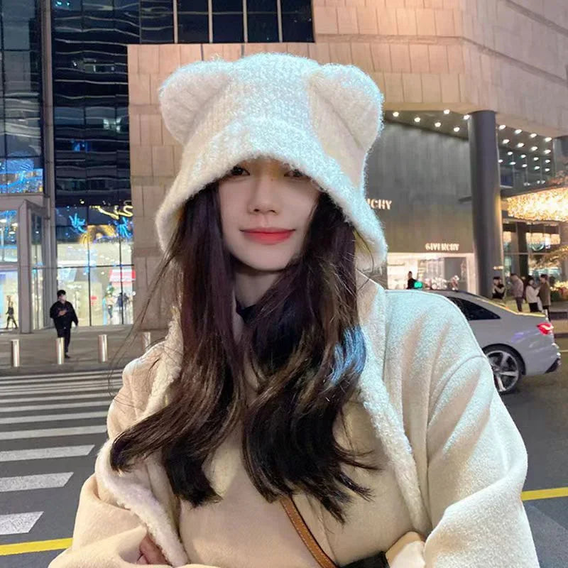White Belro cute bear ear winter hat with plush bear ears, cozy winter accessories for cold weather.