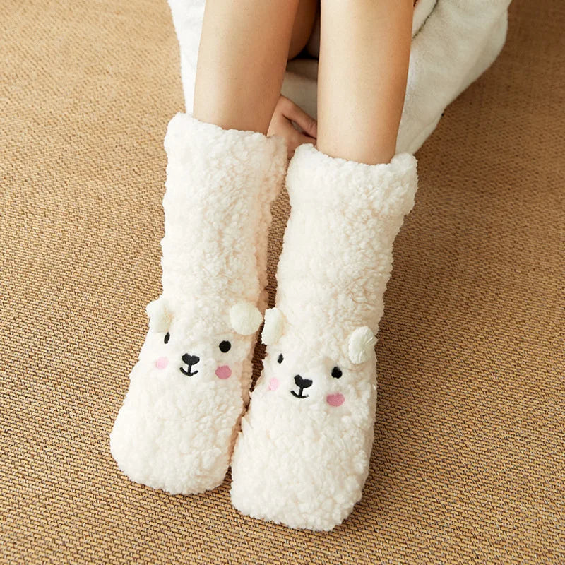 Belro Kawaii Bear fleece warm socks featuring cute white bear design, cozy and soft for comfortable winter wear.