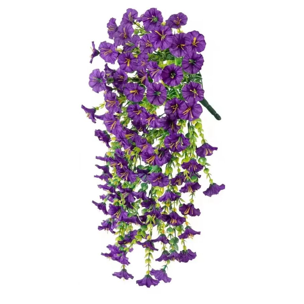 Artificial morning glory flower hanging decor by Belro, UV resistant, suitable for home and garden decoration, displayed on wood flooring.