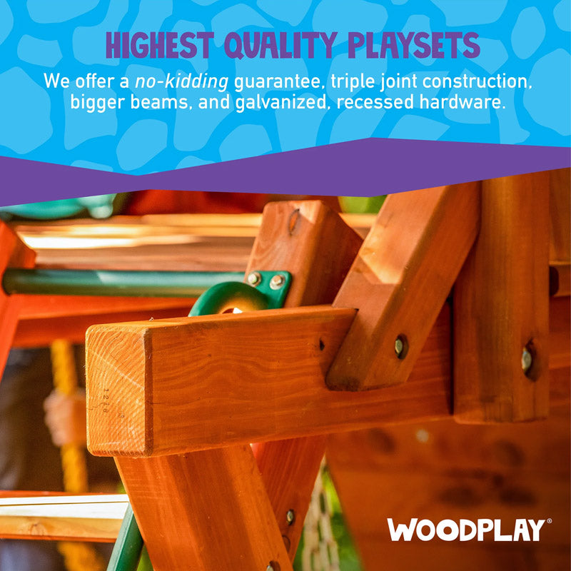 Casavibeo Woodplay Tiger Tower A outdoor wooden play structure with multiple platforms and a slide for kids' play area.