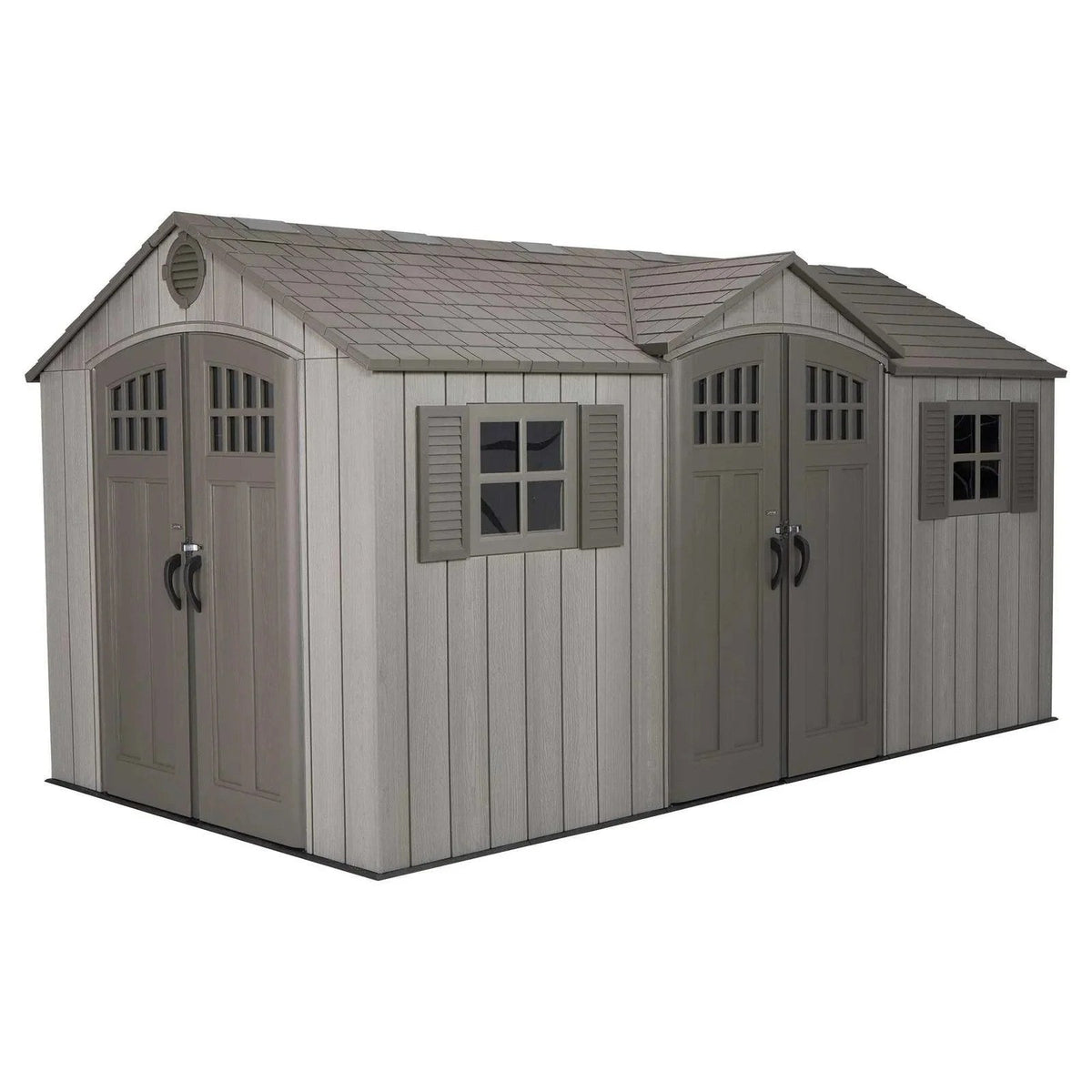 Casavibeo Lifetime 15 ft by 8 ft outdoor storage shed with double doors and window, made of durable weather-resistant material.