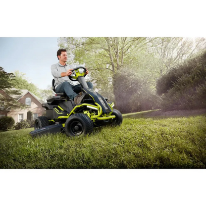 Casavibeo RYOBI 38-inch electric riding lawn mower with 100 Ah battery and rear engine, shown in a garden setting.
