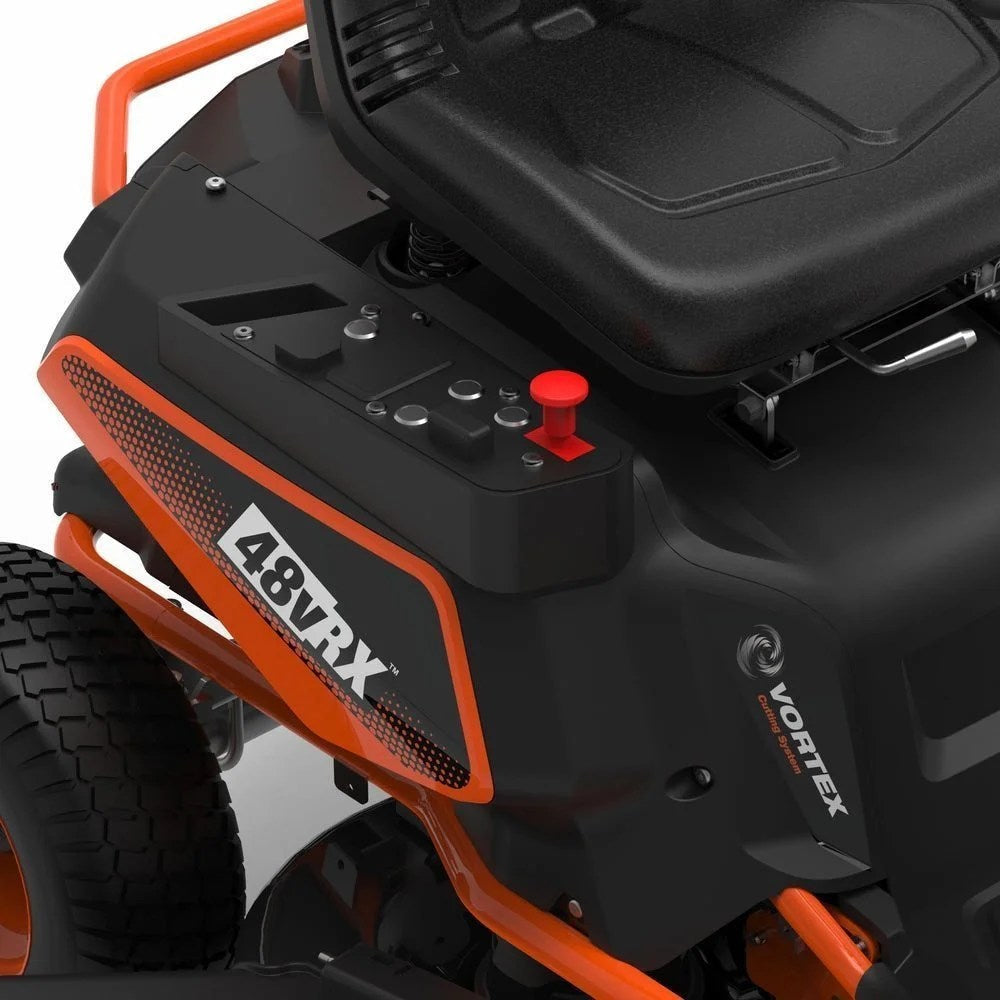 Casavibeo Yard Force 38-inch 48V battery-powered riding lawn mower with cutting deck and control panel, outdoors on grass.