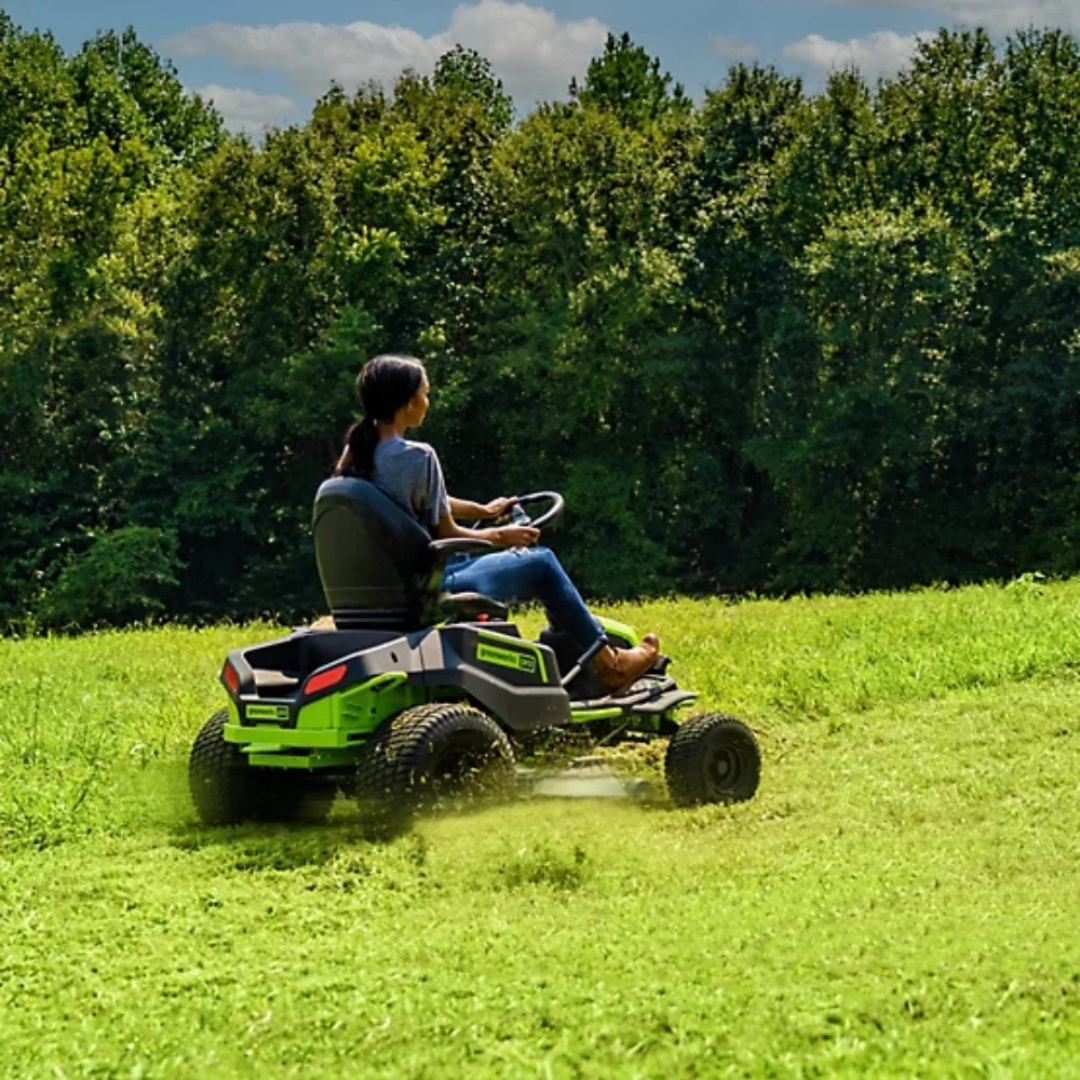 Casavibeo Greenworks Pro 42-inch 60V cordless electric crossover tractor riding lawn mower with a green cutting deck and operator seat
