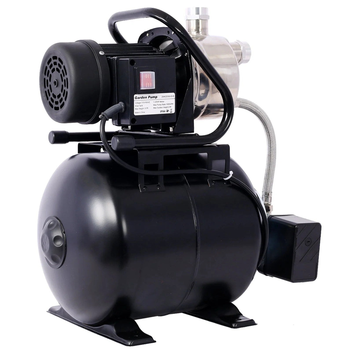 Casavibeo 1.6HP shallow well pump with 5-gallon pressure tank for automatic garden irrigation and water boosting.