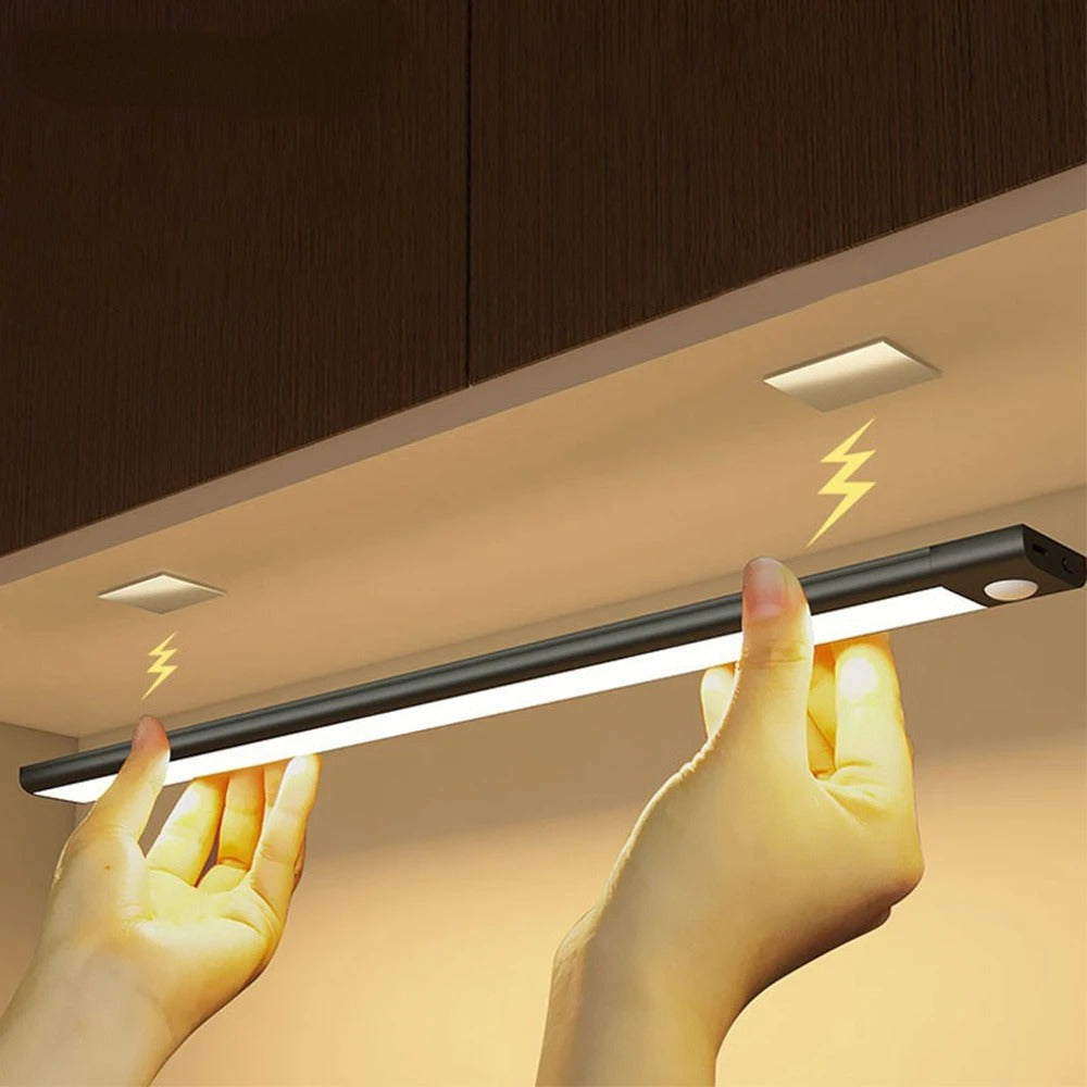 Belro motion sensor closet cabinet light illuminating a storage cabinet with automatic on/off feature.
