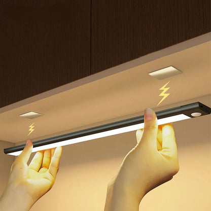 Belro motion sensor closet cabinet light illuminating a storage cabinet with automatic on/off feature.