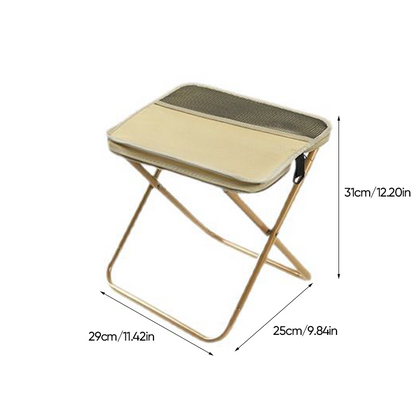 Foldable BowLift backpack stool, lightweight and portable seat suitable for hiking and camping, shown in a compact, folded position.