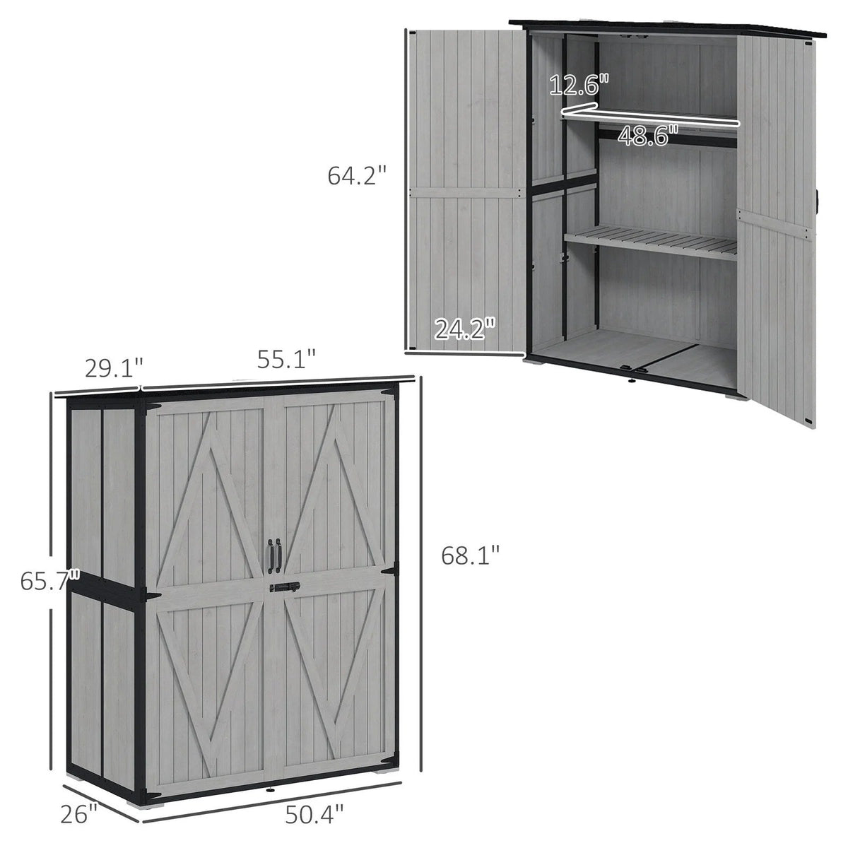 Casavibeo outdoor wooden garden storage shed with lockable doors and interior shelves, ideal for outdoor tool and equipment storage