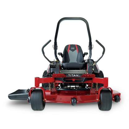 Toro Titan Max 60-inch IronForged deck riding mower with 26HP V-twin engine and dual hydrostatic zero-turn steering.
