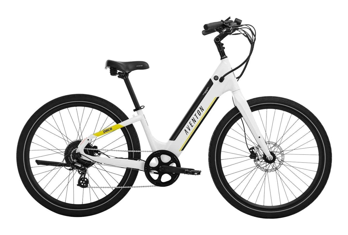 Casavibeo Aventon Pace 500.3 electric bike in ghost white, side view showcasing the sleek frame and modern design.