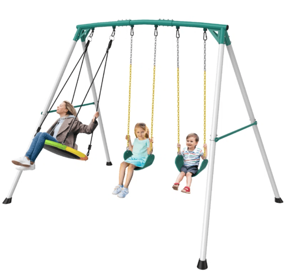 Casavibeo 9.5′ heavy-duty outdoor porch swing set with sturdy wooden frame and comfortable cushions for relaxing outdoor seating.