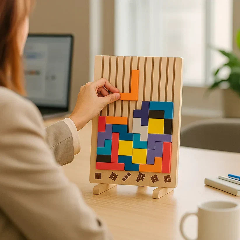 Wooden Tetris puzzle board by Mivoza featuring colorful wooden blocks for brain teaser and tangram strategy gameplay.