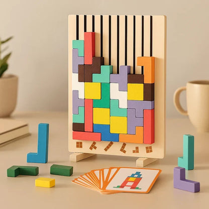 Mivoza wooden Tetris puzzle board with colorful wooden pieces, a brain teaser desk toy and tangram strategy game.