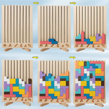 Wooden Tetris puzzle board by Mivoza featuring colorful wooden blocks for brain teaser and tangram strategy game on a desk.